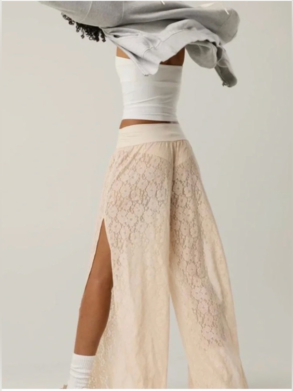 aerie Lace Wide-Leg Split Pants in Cream
